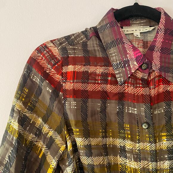 Trina Turk Red Brown Plaid Silk Knee Length Dress Button Down Belted 6 / Medium - Picture 3 of 11